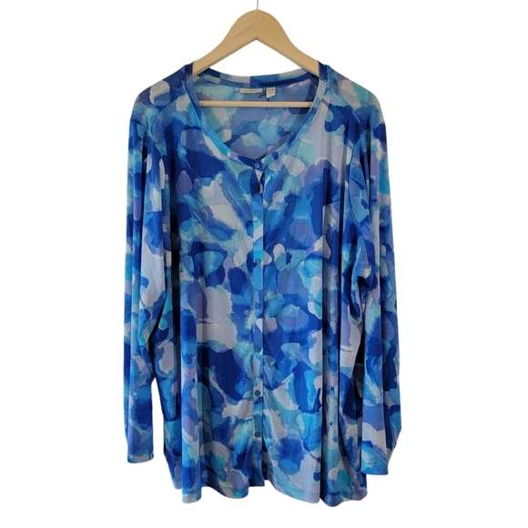 LOGO Lori Goldstein 3X Blue Abstarct Button-Up Long Sleeve Blouse Cottagecore - Picture 1 of 12